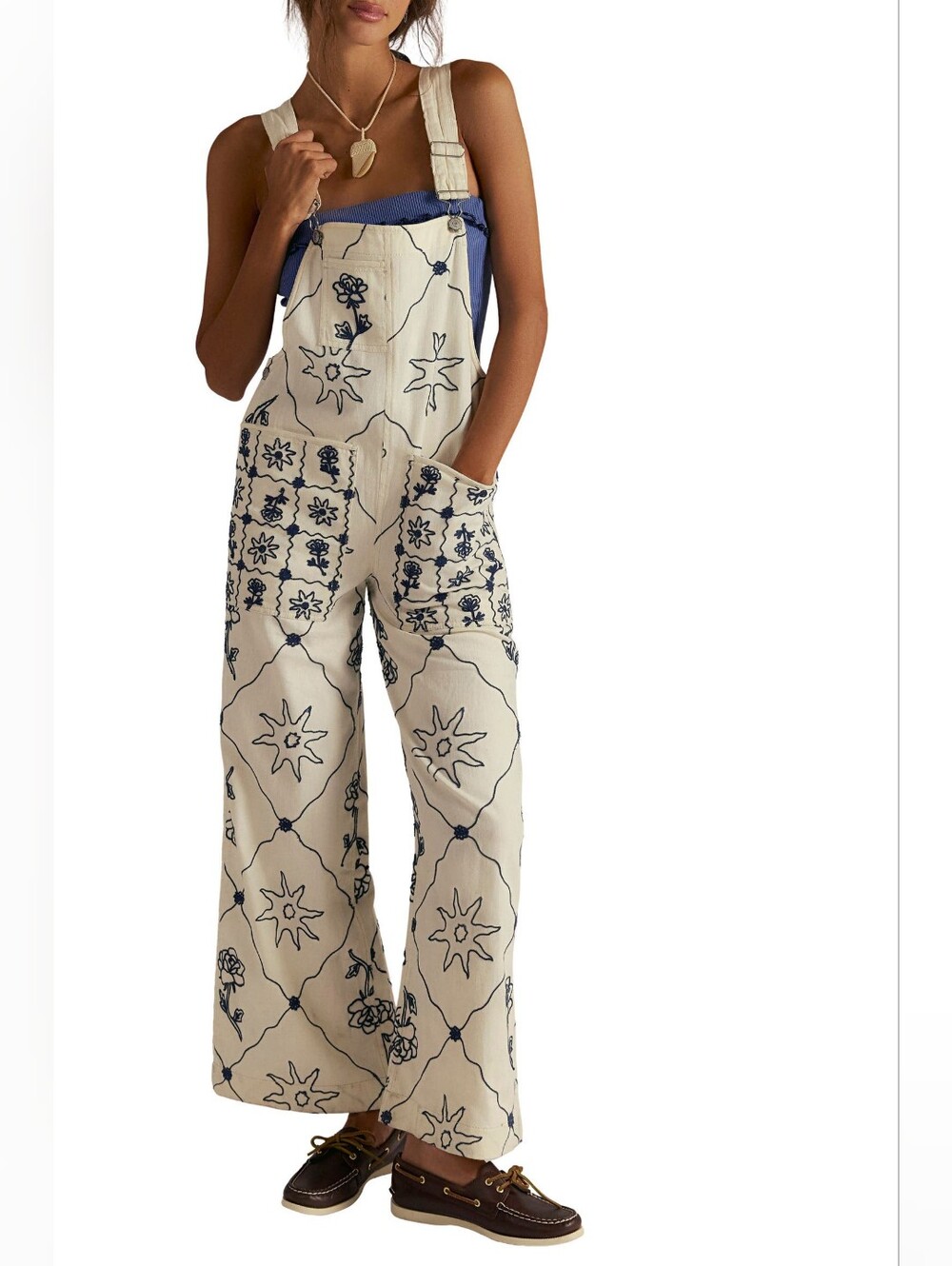 Free People Rising Sun Embroidered Wide Leg Cream Overalls Small